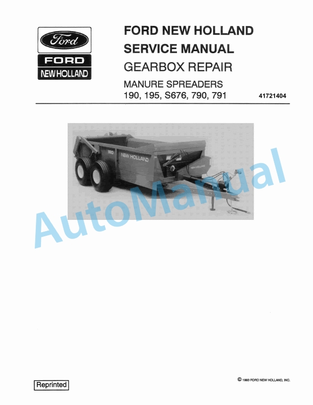 Ford New Holland 190, 195, S676, 790, 791 Manure Spreader Service Manual 41721404