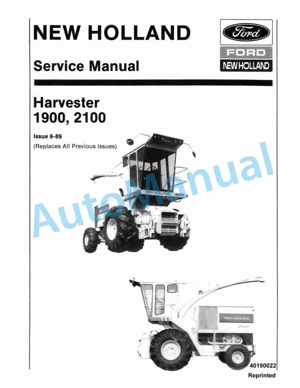 Ford New Holland 1900, 2100 Harvester Service Manual 40190022