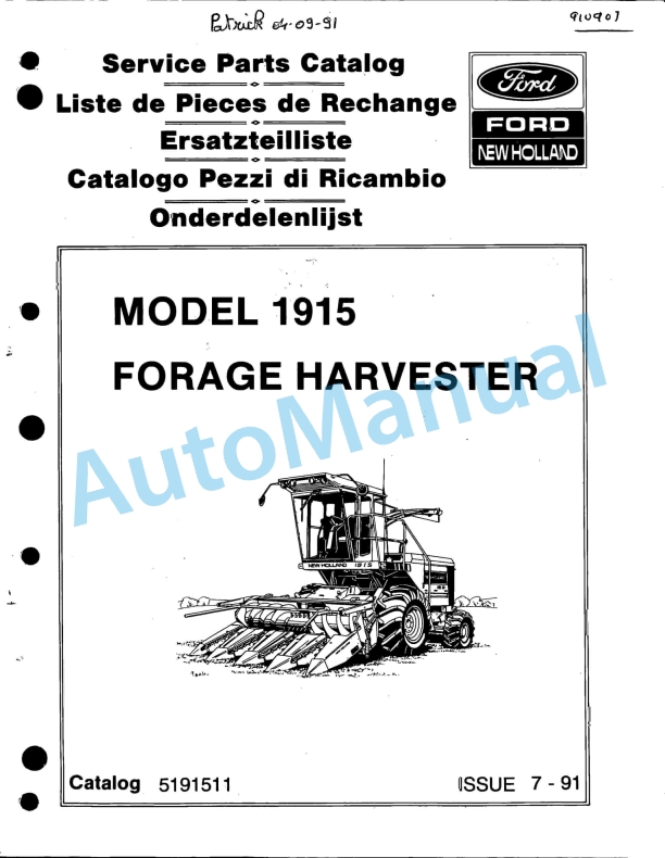 Ford New Holland 1915 Forage Harvester Service Parts Catalogue 5191511