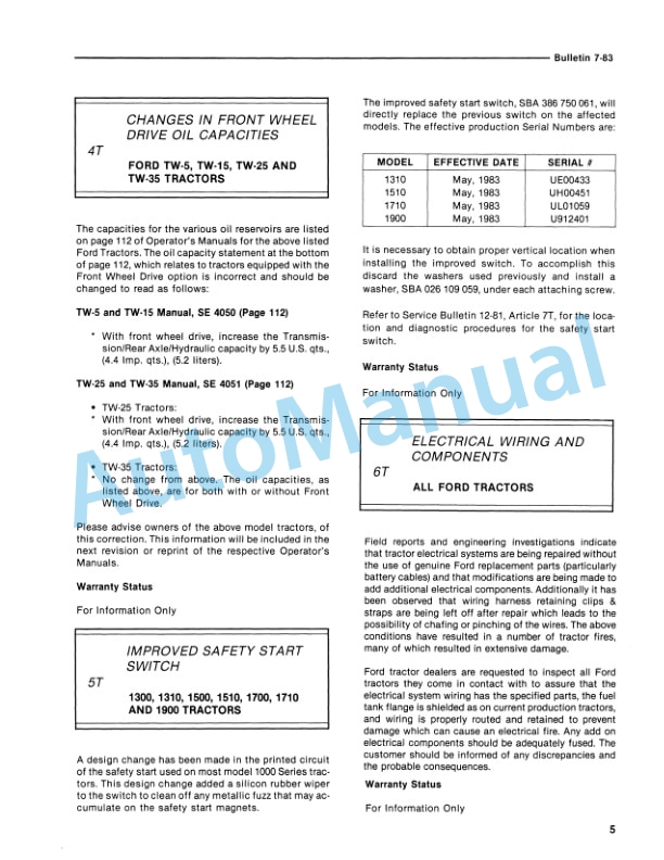 Ford New Holland 1983 Bulletin Tractor Service Manual 40991950 4 Ford New Holland 1983 Bulletin Tractor Service Manual 40991950 - Image 4