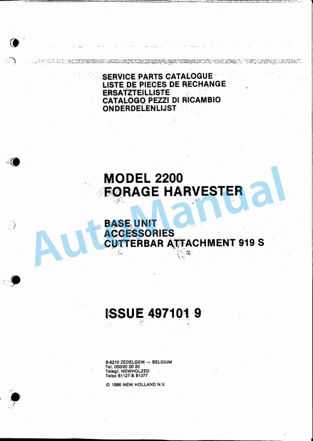Ford New Holland 2200 Forage Harvester Service Parts Catalogue 4971019