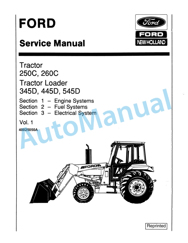 Ford New Holland 250C, 260C, 345D, 445D, 545D Tractor Loader Service Manual 40025050A