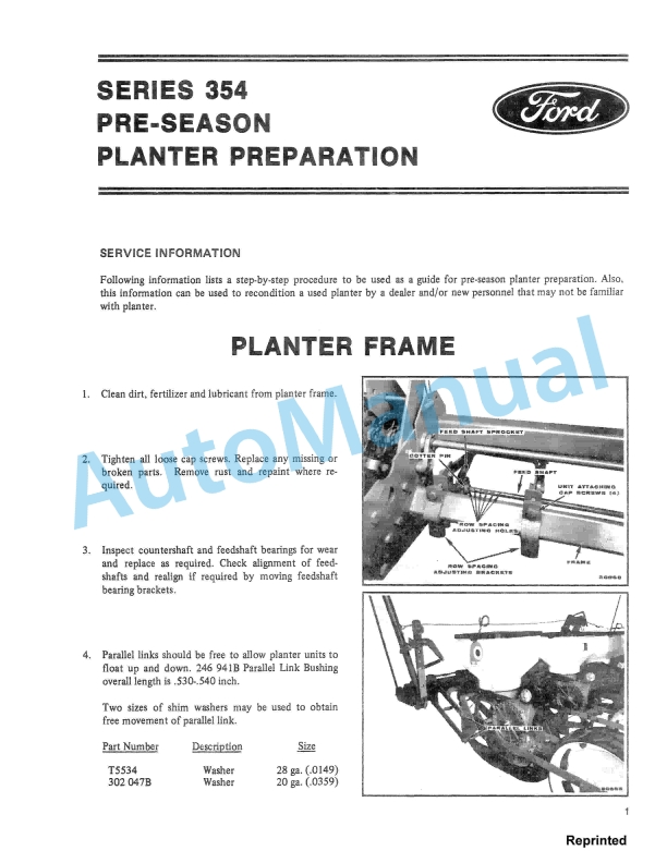 Ford New Holland 354 Series Pre-Season Planter Preparation Service Manual 40035410