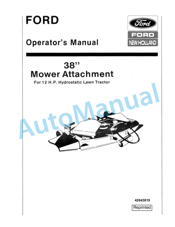 Ford New Holland 38in Mower Attachment Operation and Maintenance Manual 42643819