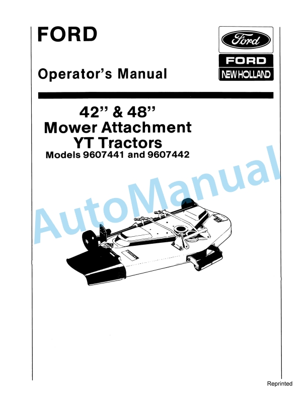Ford New Holland 42in, 48in Mower Attachment YT Tractor Operation and Maintenance Manual 42644223