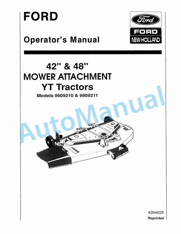 Ford New Holland 42in, 48in Mower Attachment YT Tractor Operation and Maintenance Manual 42644225
