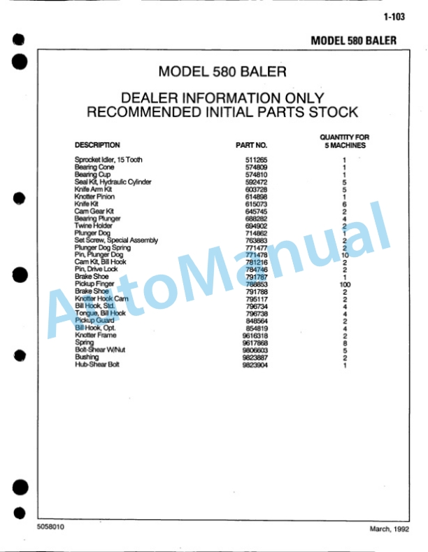 Ford New Holland 580 Baler Service Parts Catalogue 5058010 5 Ford New Holland 580 Baler Service Parts Catalogue 5058010-5