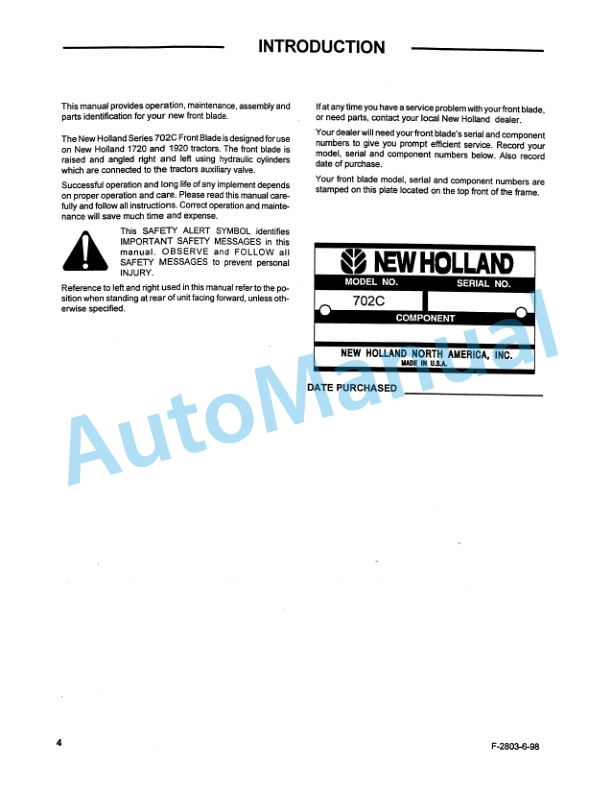 Ford New Holland 702C Series Front Blade Operation and Maintenance Manual 42070219 2 Ford New Holland 702C Series Front Blade Operation and Maintenance Manual 42070219-2