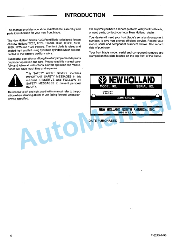 Ford New Holland 702C Series Front Blade Operation and Maintenance Manual 42070221 3 Ford New Holland 702C Series Front Blade Operation and Maintenance Manual 42070221-3