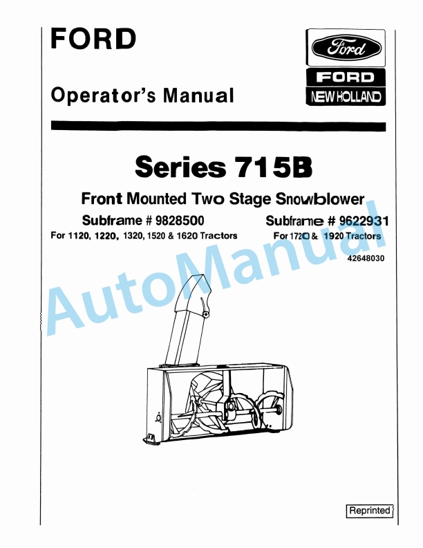 Ford New Holland 715B Series Rear Mounted Two Stage Snowblower Operation and Maintenance Manual 42648030