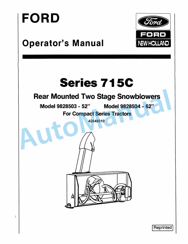 Ford New Holland 715C Series Rear Mounted Two Stage Snowblower Operation and Maintenance Manual 42648010