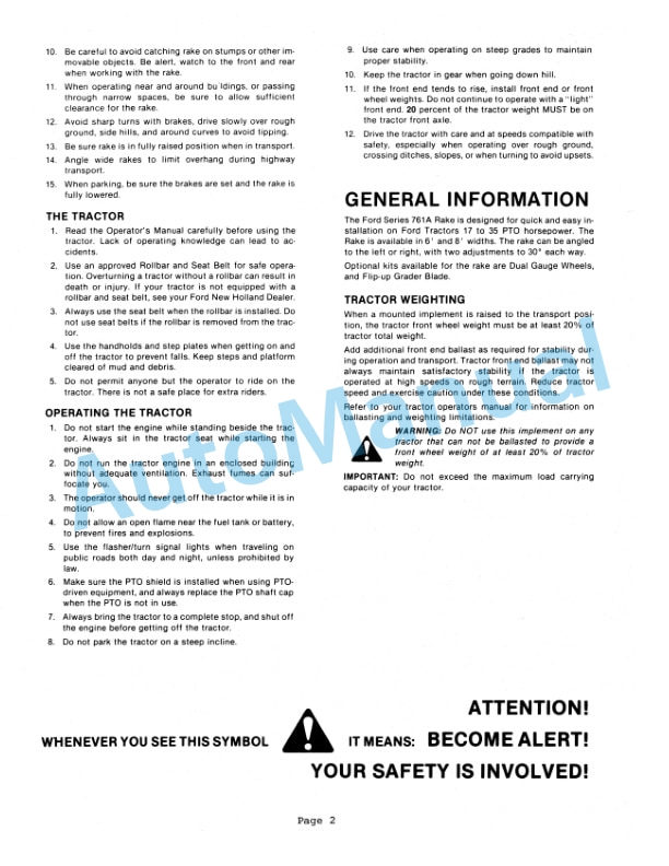 Ford New Holland 761A Series Rake Attachment Operation and Maintenance Manual 42076110 3 Ford New Holland 761A Series Rake Attachment Operation and Maintenance Manual 42076110-3