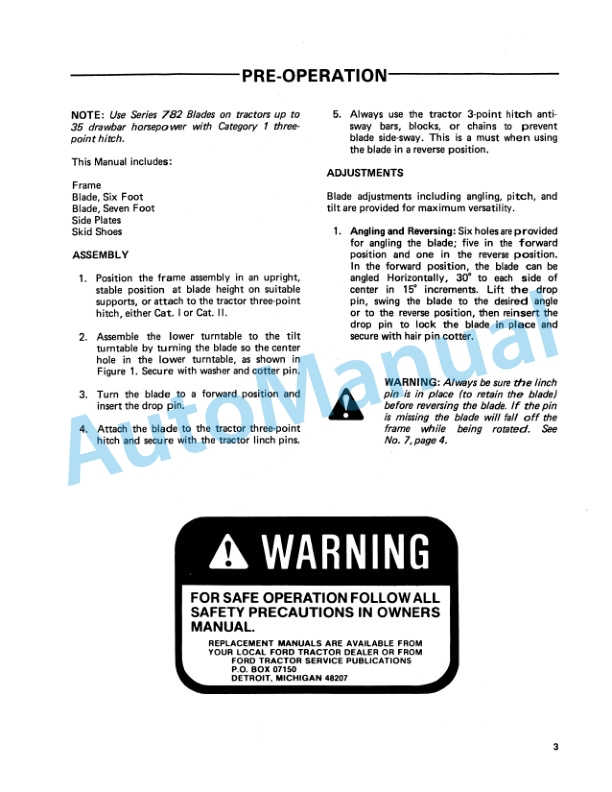 Ford New Holland 782 Series Rear Blade Operation and Maintenance Manual 42078210 3 Ford New Holland 782 Series Rear Blade Operation and Maintenance Manual 42078210-3