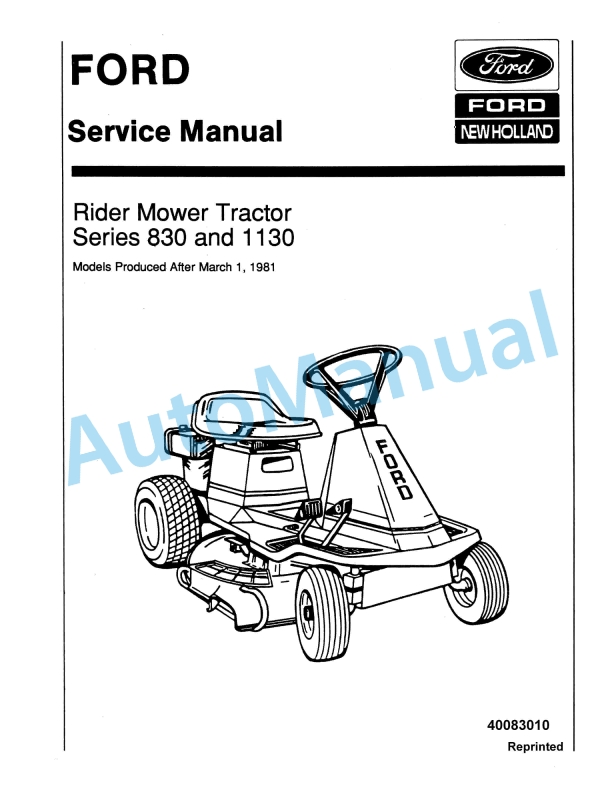 Ford New Holland 830, 1130 Series Rider Mower Tractor Service Manual 40083010