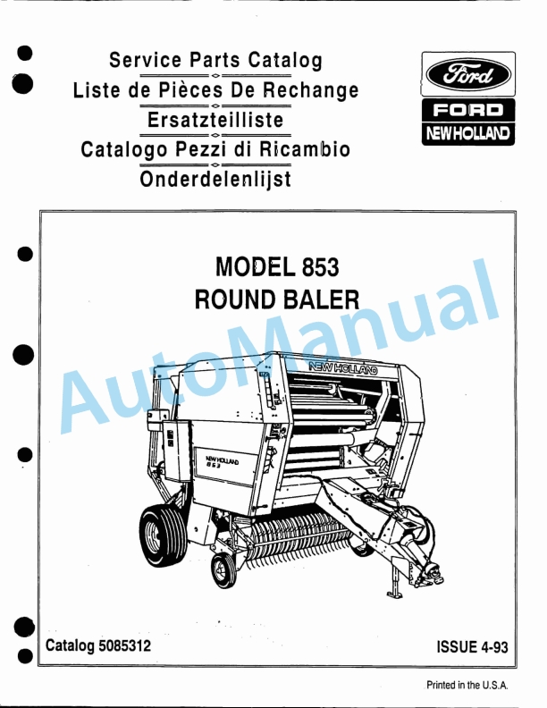 Ford New Holland 853 Round Baler Service Parts Catalogue 5085312