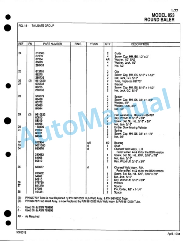 Ford New Holland 853 Round Baler Service Parts Catalogue 5085312 3 Ford New Holland 853 Round Baler Service Parts Catalogue 5085312-3