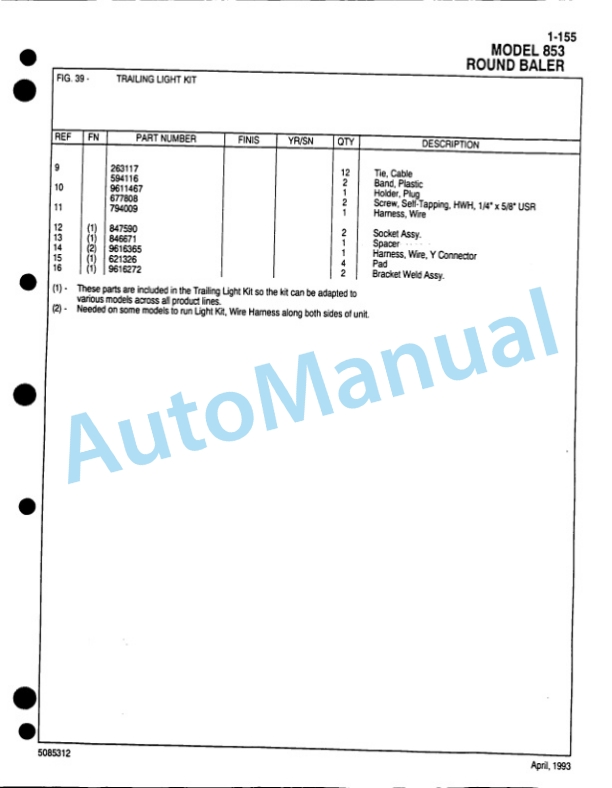 Ford New Holland 853 Round Baler Service Parts Catalogue 5085312 5 Ford New Holland 853 Round Baler Service Parts Catalogue 5085312-5