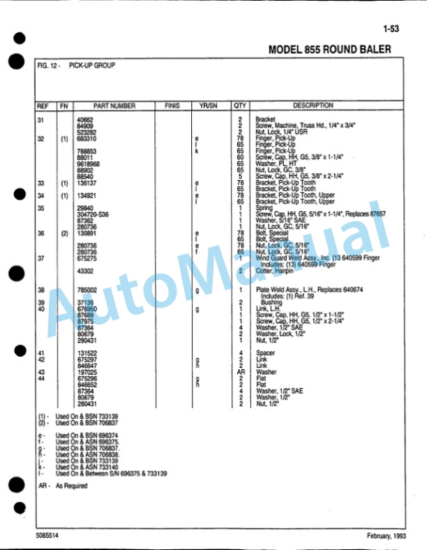 Ford New Holland 855 Round Baler Service Parts Catalogue 5085514 2 Ford New Holland 855 Round Baler Service Parts Catalogue 5085514-2
