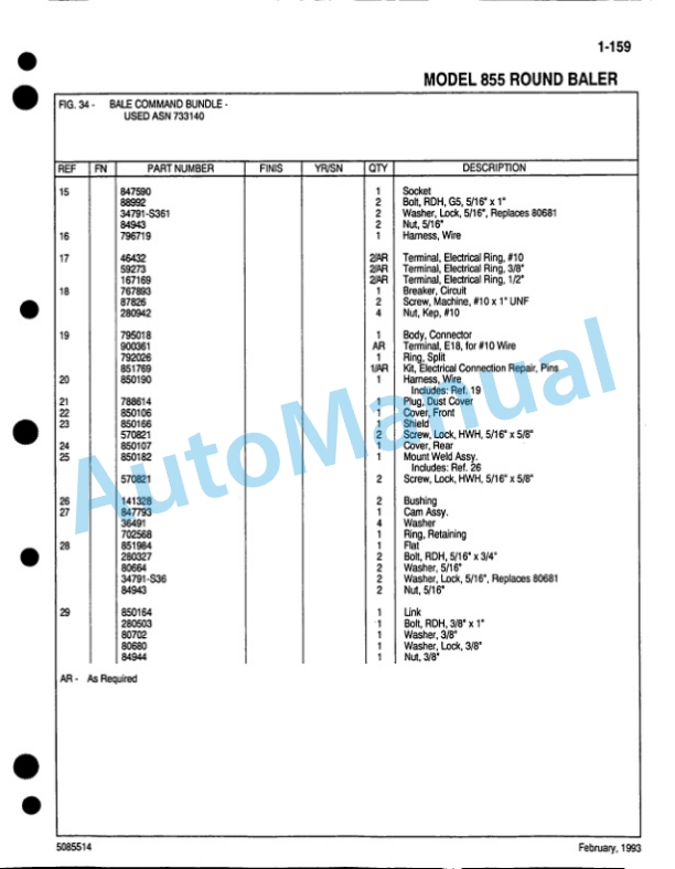 Ford New Holland 855 Round Baler Service Parts Catalogue 5085514 4 Ford New Holland 855 Round Baler Service Parts Catalogue 5085514-4