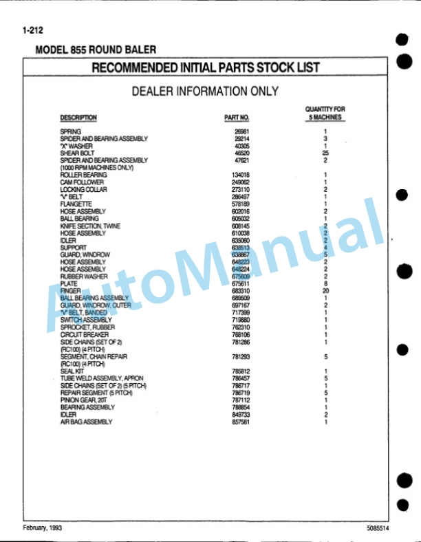 Ford New Holland 855 Round Baler Service Parts Catalogue 5085514 5 Ford New Holland 855 Round Baler Service Parts Catalogue 5085514-5