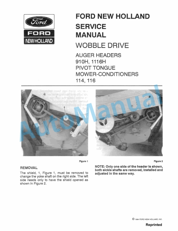 Ford New Holland 910H, 1116H Auger Header, 114, 116 Pivot Tongue Mower-Conditioner Service Manual 41699200