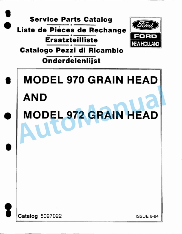 Ford New Holland 970, 972 Grain Head Service Parts Catalogue 5097022