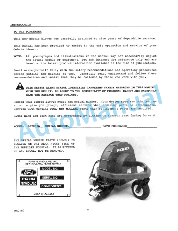 Ford New Holland 9828526 Front Mounted Debris Blower Operation and Maintenance Manual 42646030 2 Ford New Holland 9828526 Front Mounted Debris Blower Operation and Maintenance Manual 42646030-2