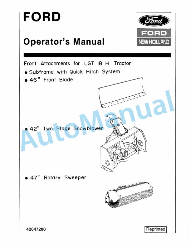 Ford New Holland Front Attachment for LGT18H Series Tractor Operation and Maintenance Manual 42647200