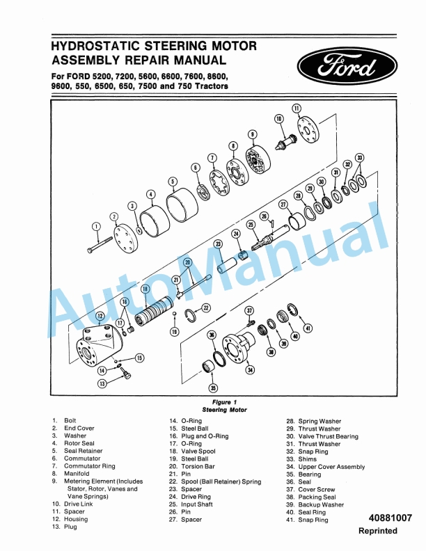 Ford New Holland Hydrostatic Steering Motor Repair Manual 40881007