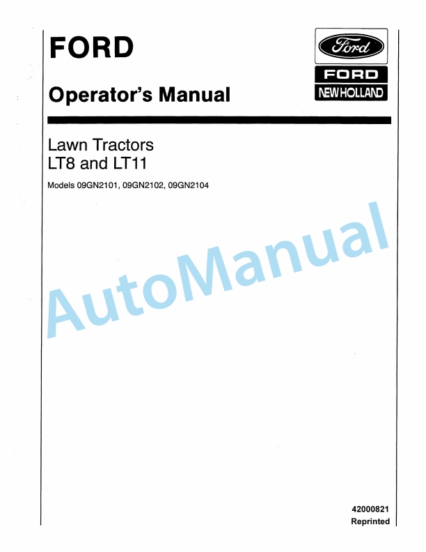 Ford New Holland LT8, LT11 Lawn Tractor Operation and Maintenance Manual 42000821