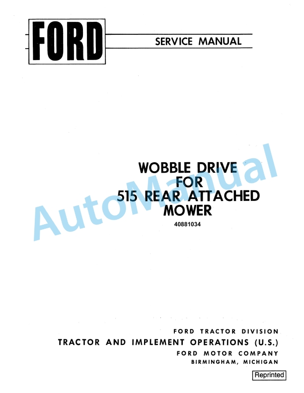 Ford New Holland Wobble Drive For 515 Rear Attached Mower Service Manual 40881034