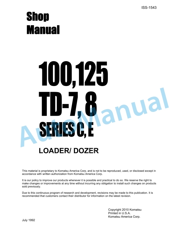 Komatsu 100, 125, TD-7, TD-8 Series C,E Loader Shop Manual ISS-1543