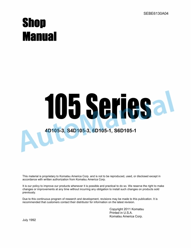 Komatsu 105 Series Diesel Engine Shop Manual SEBE6130A04