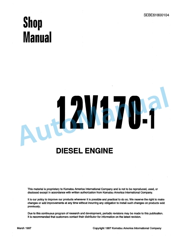 Komatsu 12V170-1 Series Diesel Engine Shop Manual SEBE61800104