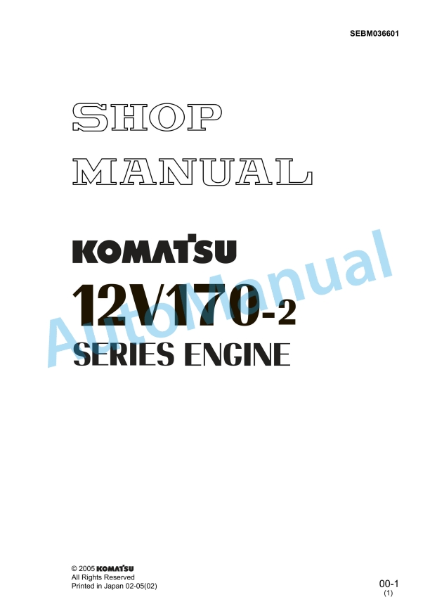 Komatsu 12V170-2 Series Diesel Engine Shop Manual SEBM036601