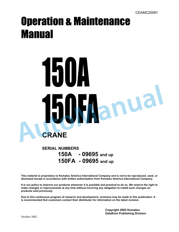 Komatsu 150A, 150FA Crane Operation and Maintenance Manual CEAMC20081