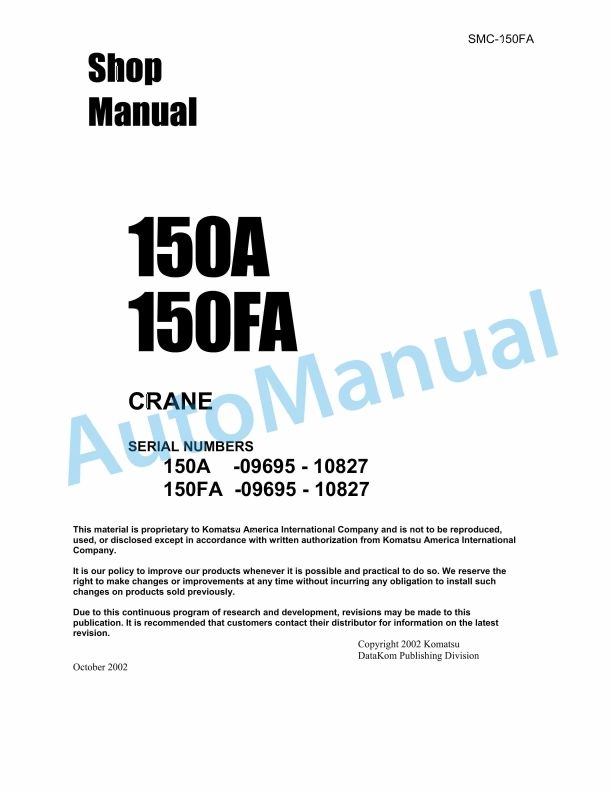 Komatsu 150A, 150FA Crane Shop Manual SMC-150FA