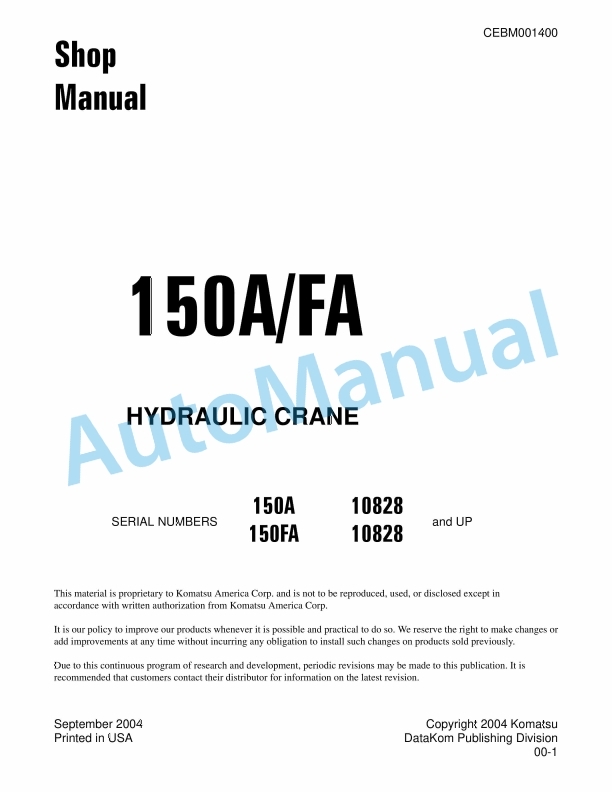 Komatsu 150A, 150FA Hydraulic Crane Shop Manual CEBM001400