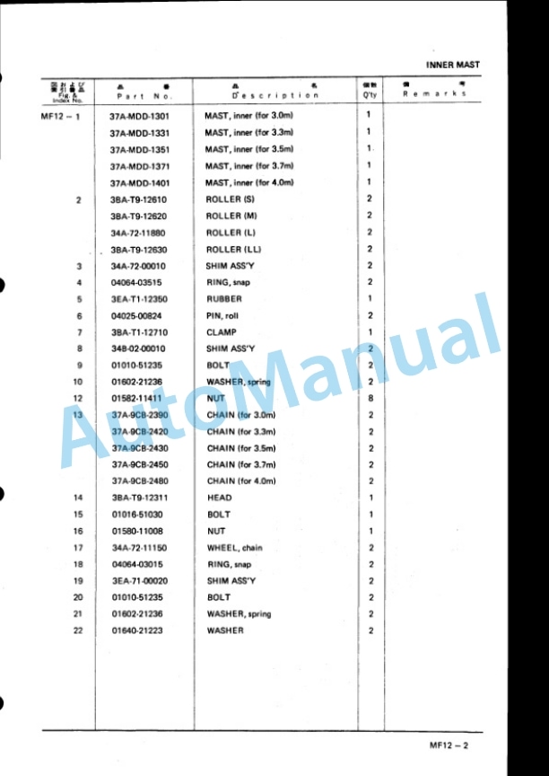 Komatsu 2- Stage Mast Full Free Parts Manual MFF185-PNE2-3