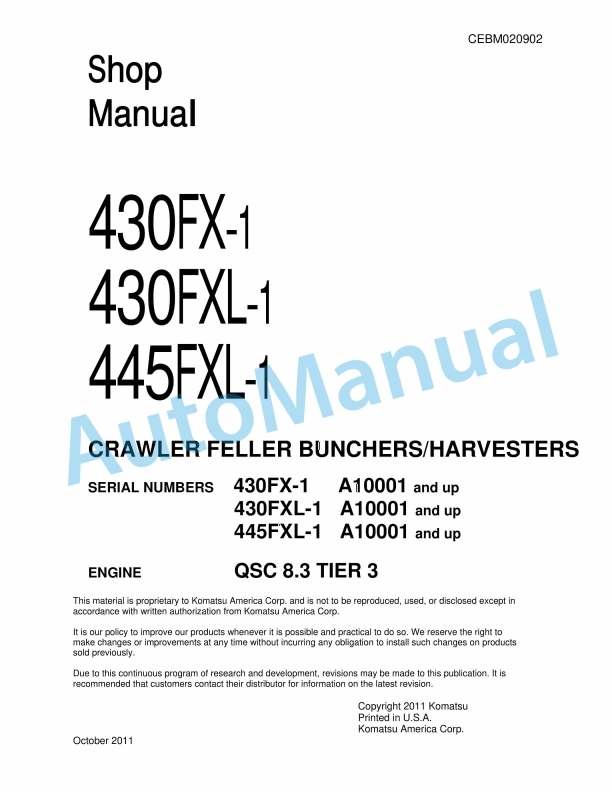Komatsu 430FX-1, 430FXL-1, 445FXL-1 Crawler Feller Bunchers, Harvesters Shop Manual CEBM020902