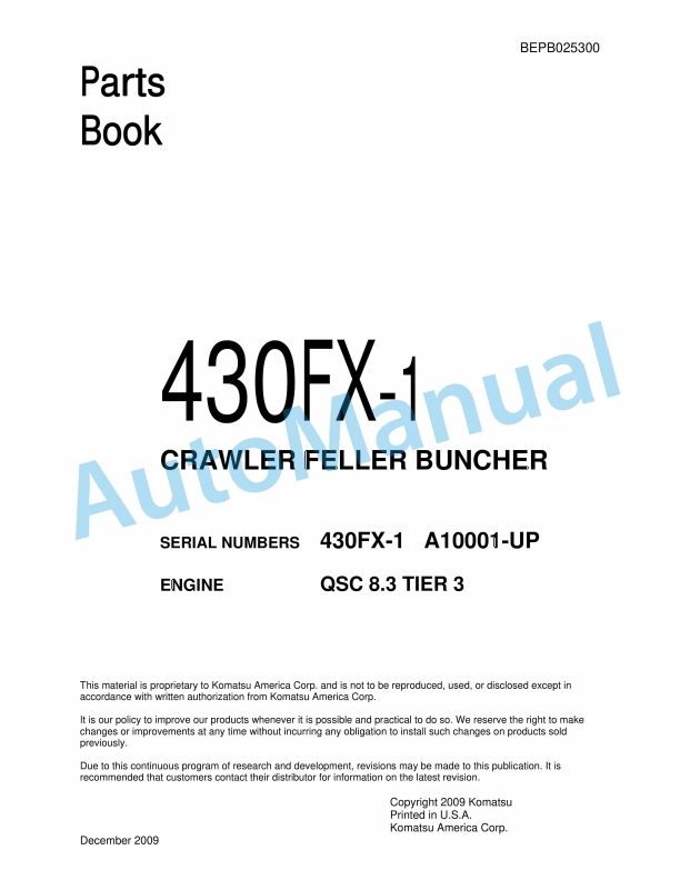 Komatsu 430FX-1 Crawler Feller Buncher Parts Manual BEPB025300