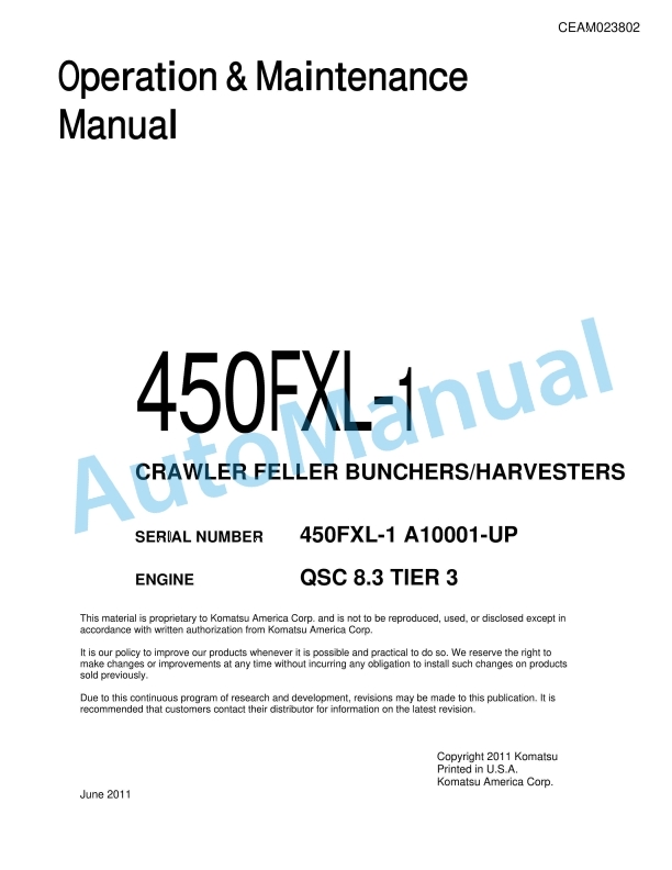 Komatsu 450FXL-1 Crawler Feller Buncher Operation and Maintenance Manual CEAM023802