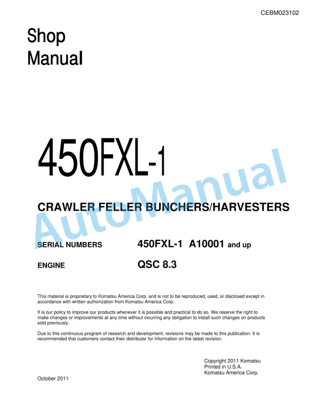 Komatsu 450FXL-1 Crawler Feller Buncher Shop Manual CEBM023102