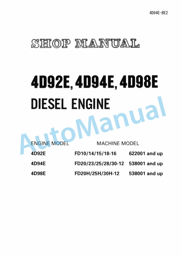 Komatsu 4D92E, 4D94E, 4D98E Diesel Engine Shop Manual 4D94E-BE2