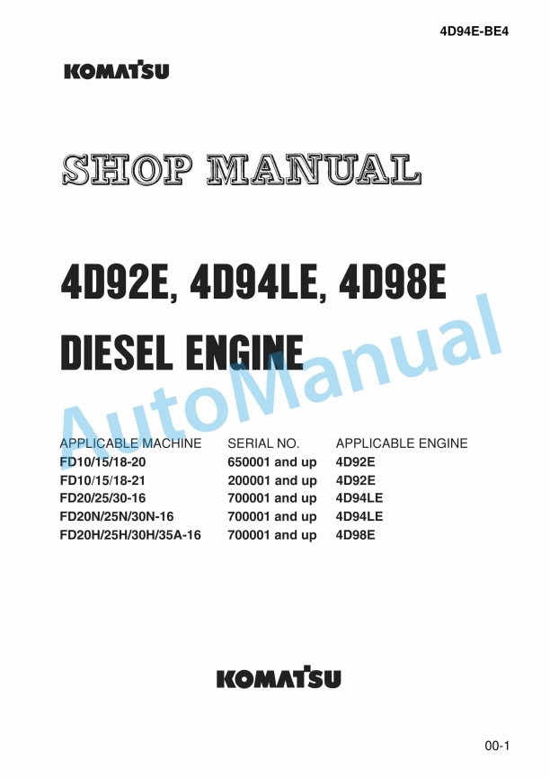 Komatsu 4D92E, 4D94LE, 4D98E Diesel Engine Shop Manual 4D94E-BE4