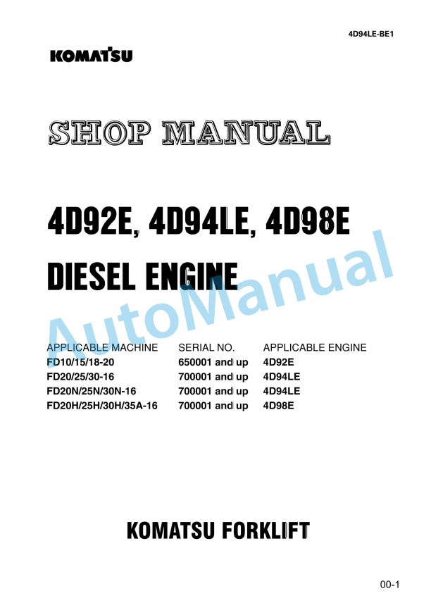 Komatsu 4D92E, 4D94LE, 4D98E Diesel Engine Shop Manual 4D94LE-BE1