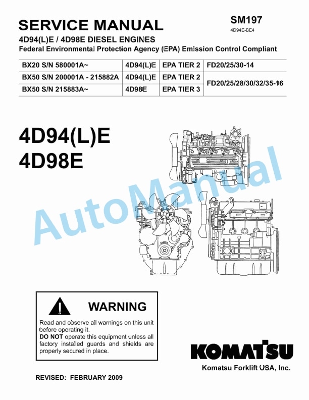 Komatsu 4D94E, 4D94L, 4D98E Diesel Engine Forklift Truck Service Manual 4D94E-BE4