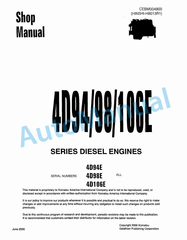 Komatsu 4D94E, 4D98, 4D106E Series Diesel Engine Shop Manual CEBM004900
