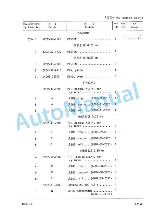 Komatsu 4D95S-W Diesel Engine Parts Manual PDB4D90-01-3