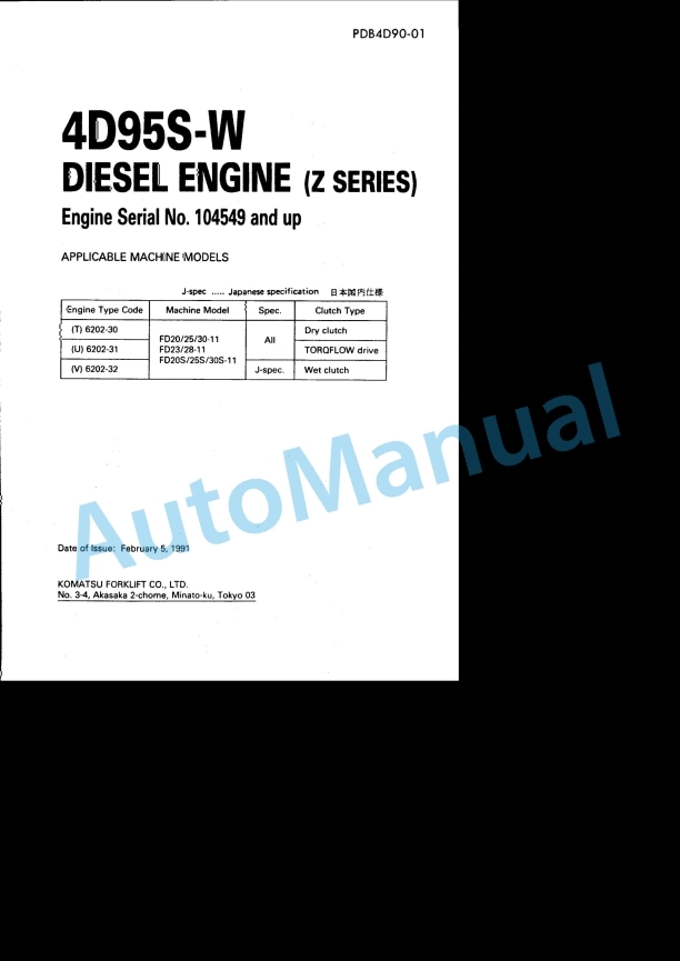 Komatsu 4D95S-W Diesel Engine (Z Series) Parts Manual PDB4D90-01